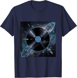 Vinyl Record Planet with Orbiting Satellites Spaceships T-Shirt - T-Shirt | Navy
