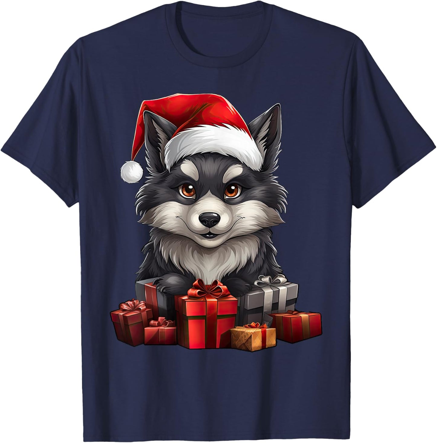 Wolf Santa Claus Hat Christmas Pajama Xmas Party T-Shirt - T-Shirt | Navy