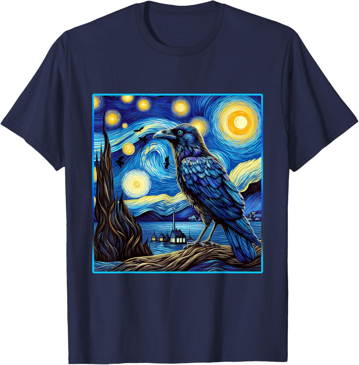 Raven Starry Night Shirt Van Gogh Painting Black Crow Lover T-Shirt - T-Shirt | Navy