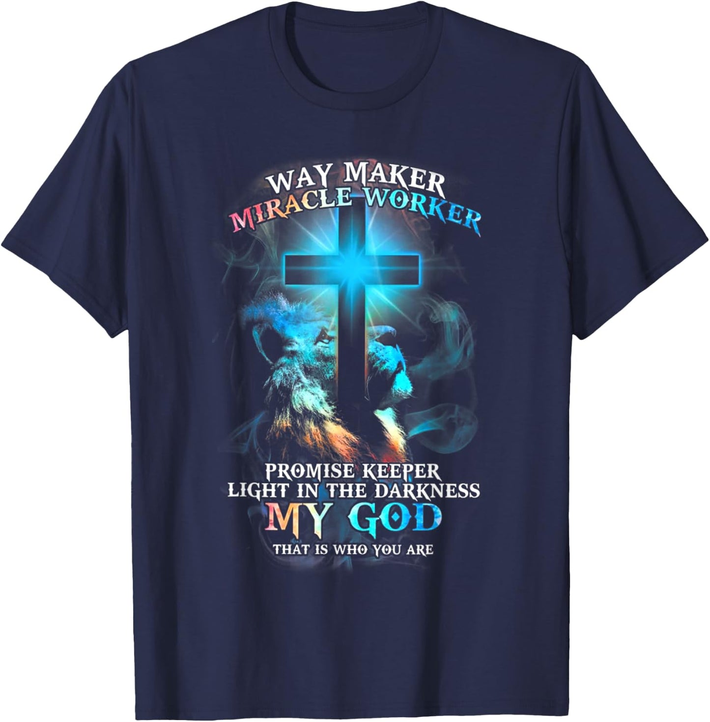 Lion Cross Light Colorful Waymaker Miracle Worker T-Shirt - T-Shirt | Navy