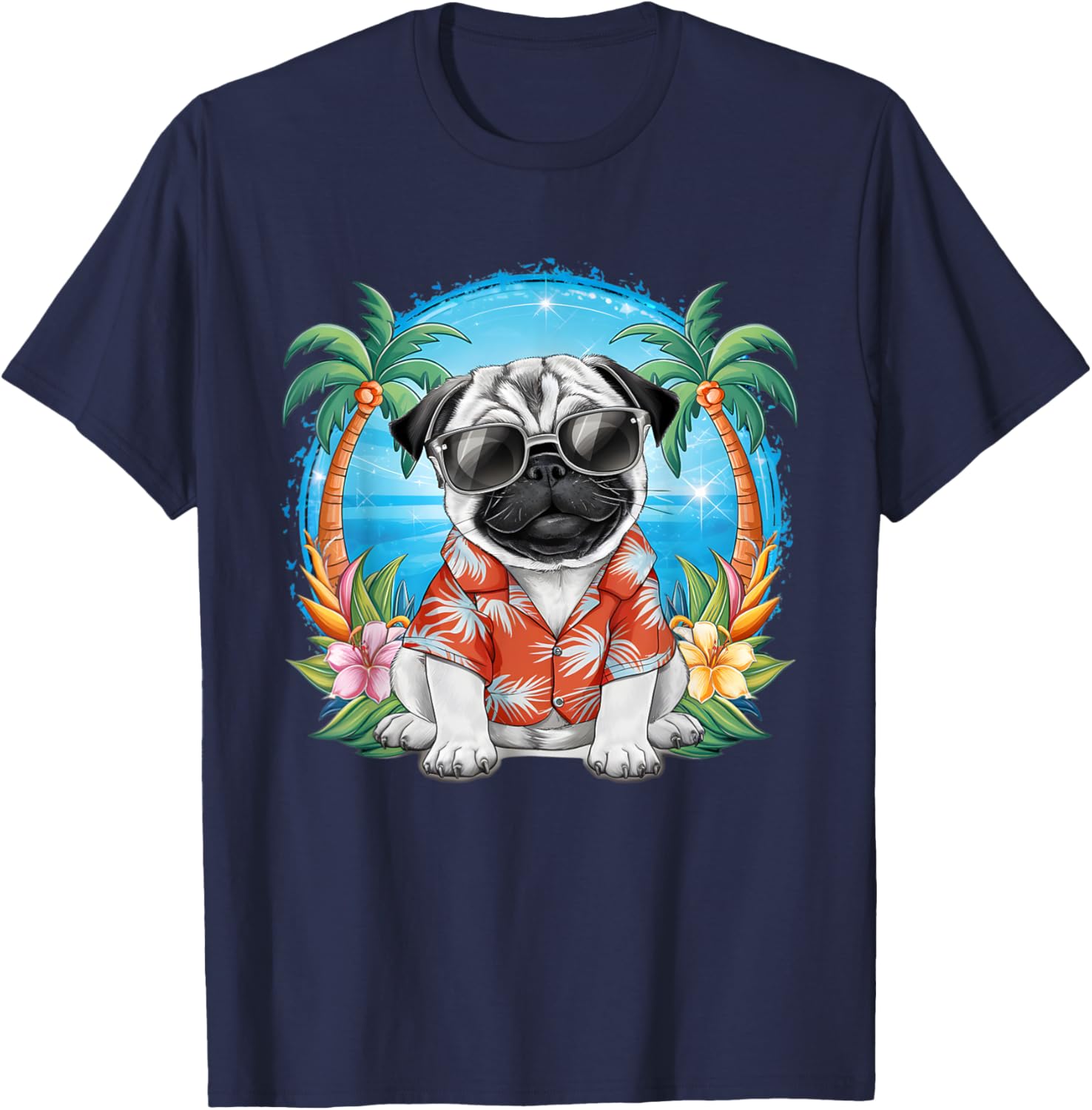 Funny Pug Summer Hawaiian Vibes Tropical Beach Women T-Shirt - T-Shirt | Navy