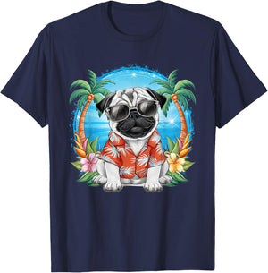 Funny Pug Summer Hawaiian Vibes Tropical Beach Women T-Shirt - T-Shirt | Navy