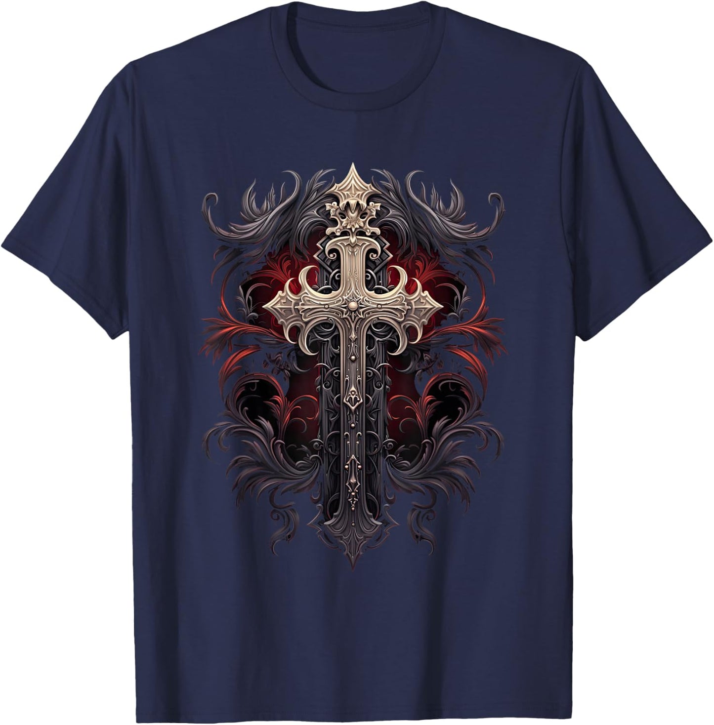 Gothic Cross Goths Design Filigree Victorian Cross T-Shirt - T-Shirt | Navy