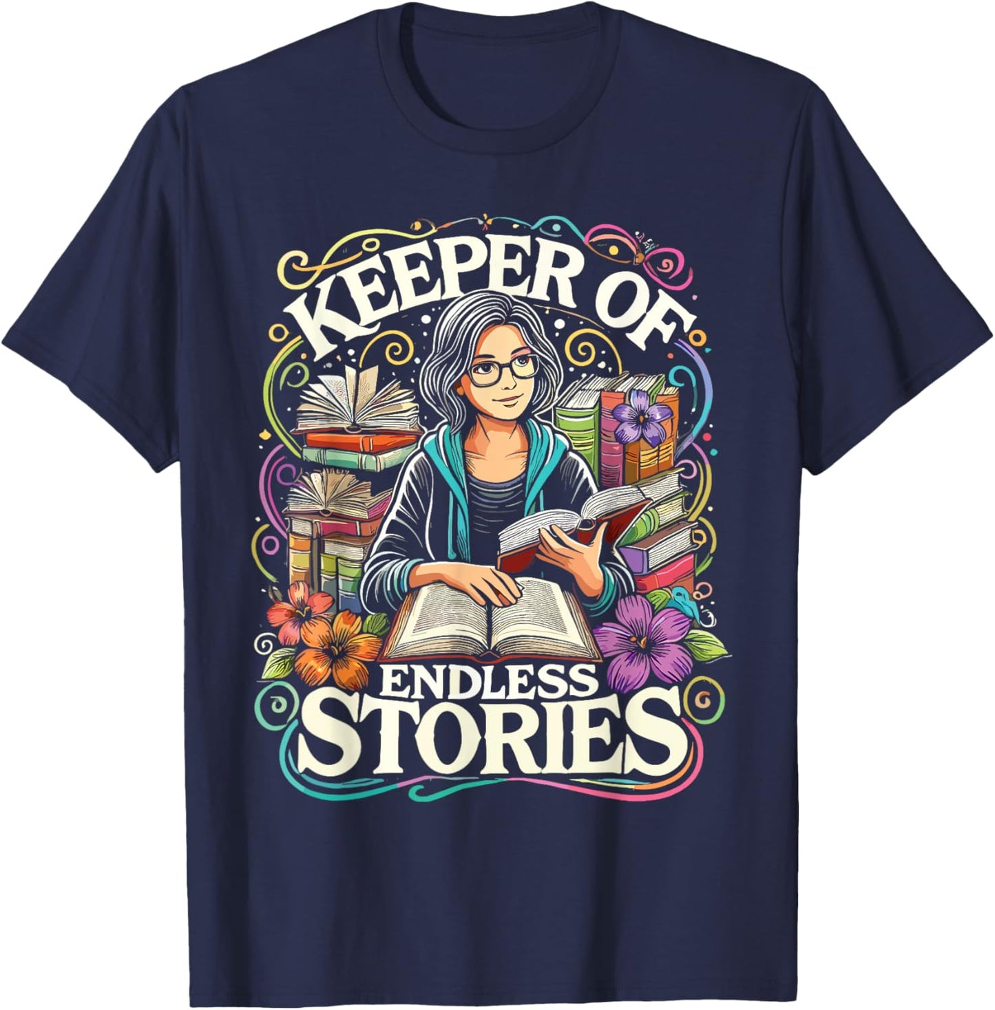 Library Keeper Of Endless Stories Librarian T-Shirt - T-Shirt | Navy