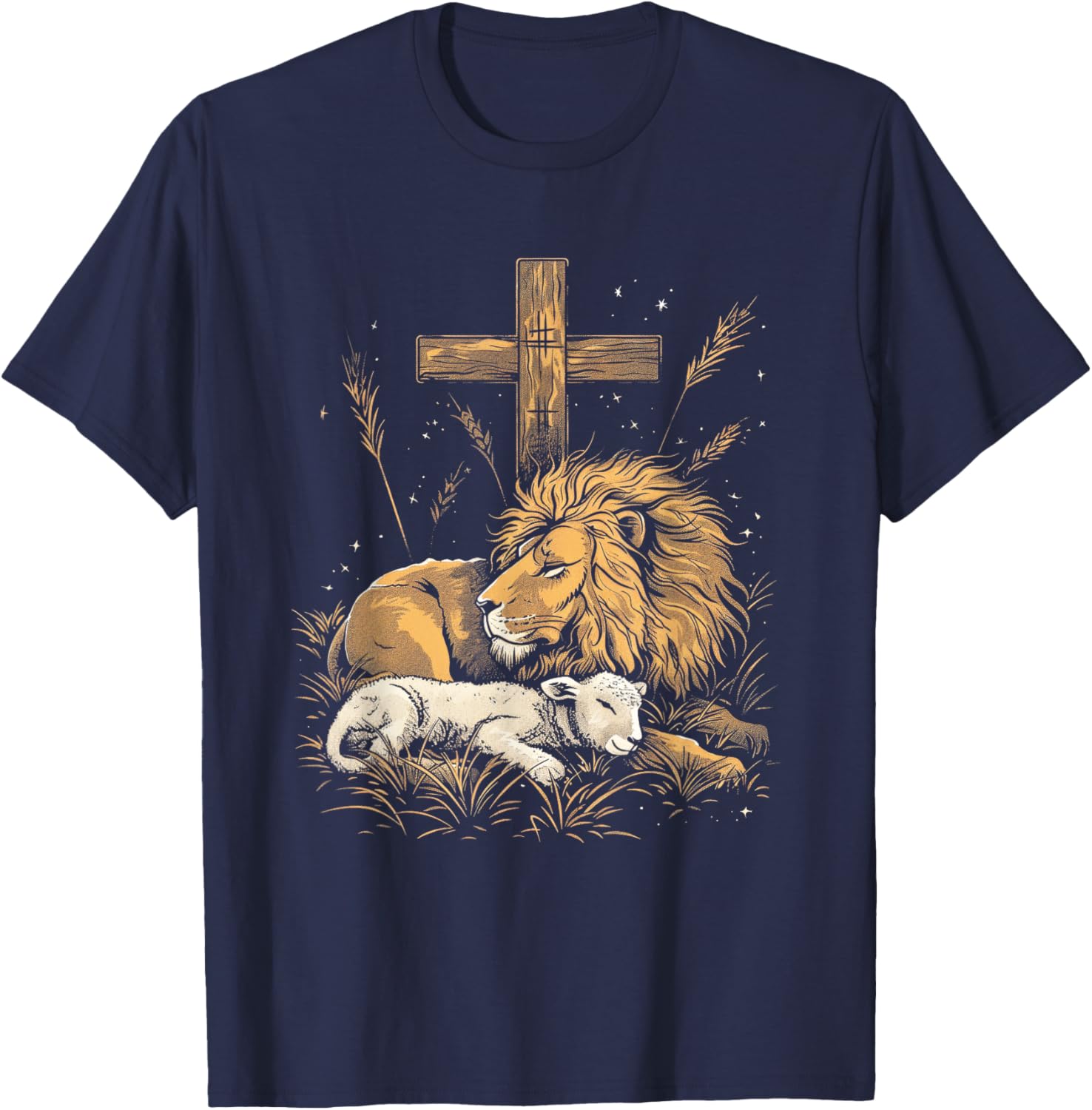 Religious Art Faith Spiritual Symbol Biblical Christianity Lion Lamb Christian Cross T-Shirt - T-Shirt | Navy