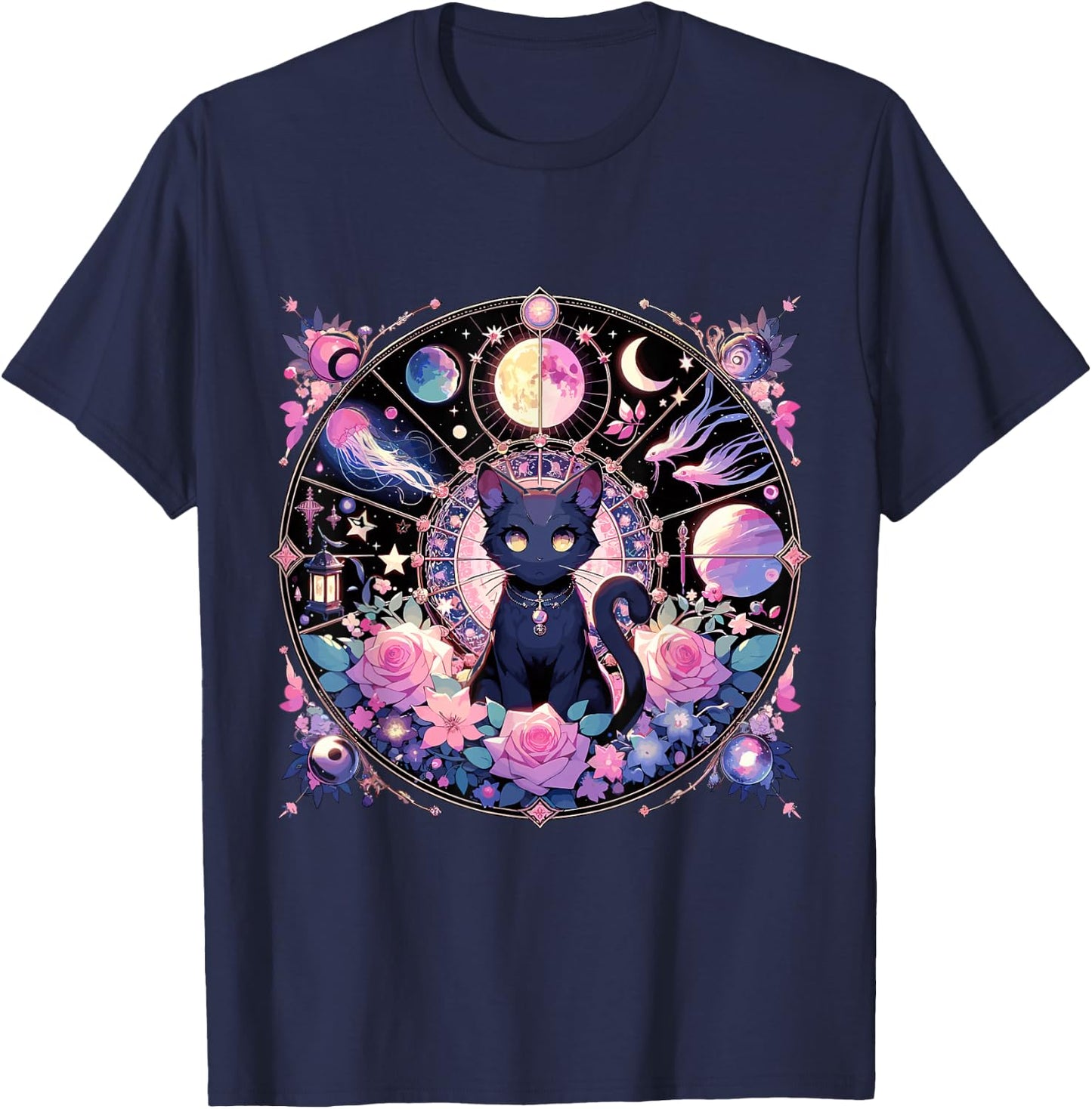 Moon Phases Crystal Witchy Cute Black Cat Kawaii Pastel Goth T-Shirt - T-Shirt | Navy
