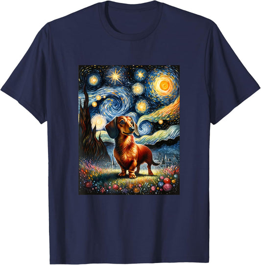 Dachshund Dog Van Gogh Starry Night Painting Men Women Girls Kids T-Shirt - T-Shirt | Navy