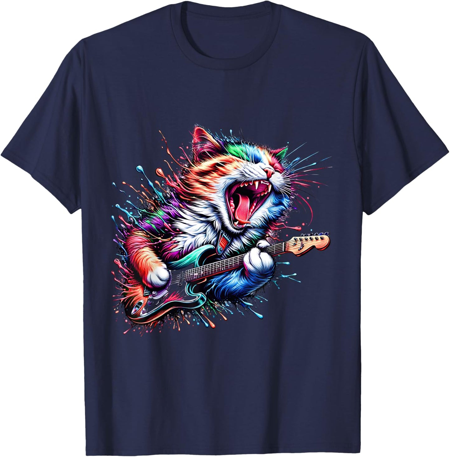 Kitty Cat Playing Guitar Rock Cat Heavy Metal Cat Music Cat T-Shirt - T-Shirt | Navy