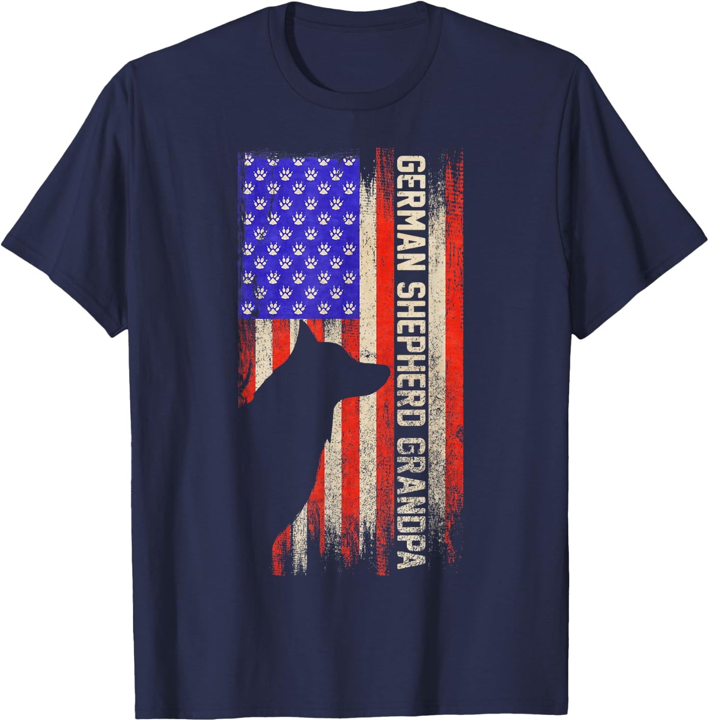 Vintage USA Flag Proud German Shepherd Grandpa Silhouette T-Shirt - T-Shirt | Navy
