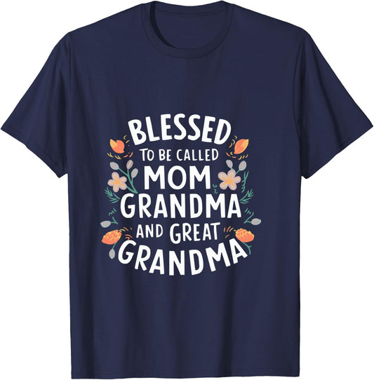 Blessed to Called Mom Grandma and Great Grandma Boho Flower T-Shirt - T-Shirt | Navy
