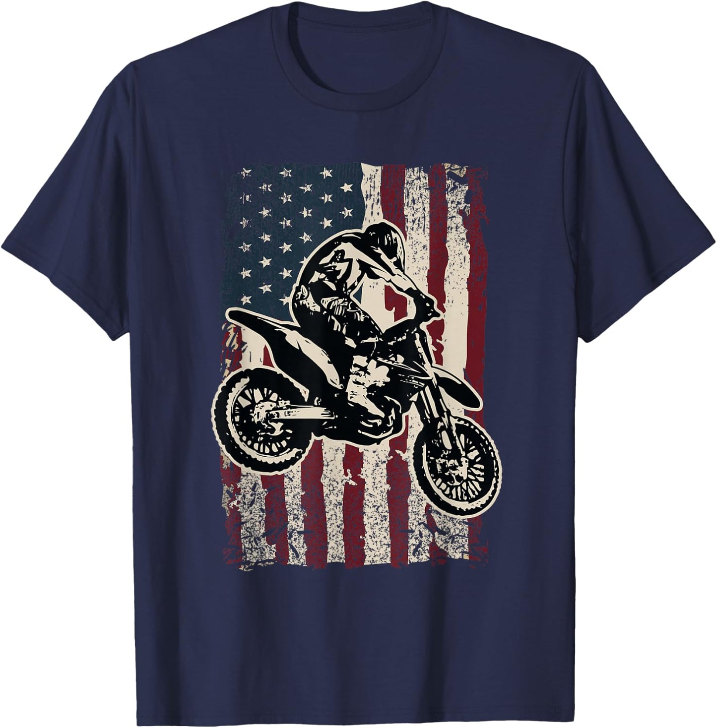 Motocross Dirt Bike Patriotic American Flag Biker Gift T-Shirt - T-Shirt | Navy