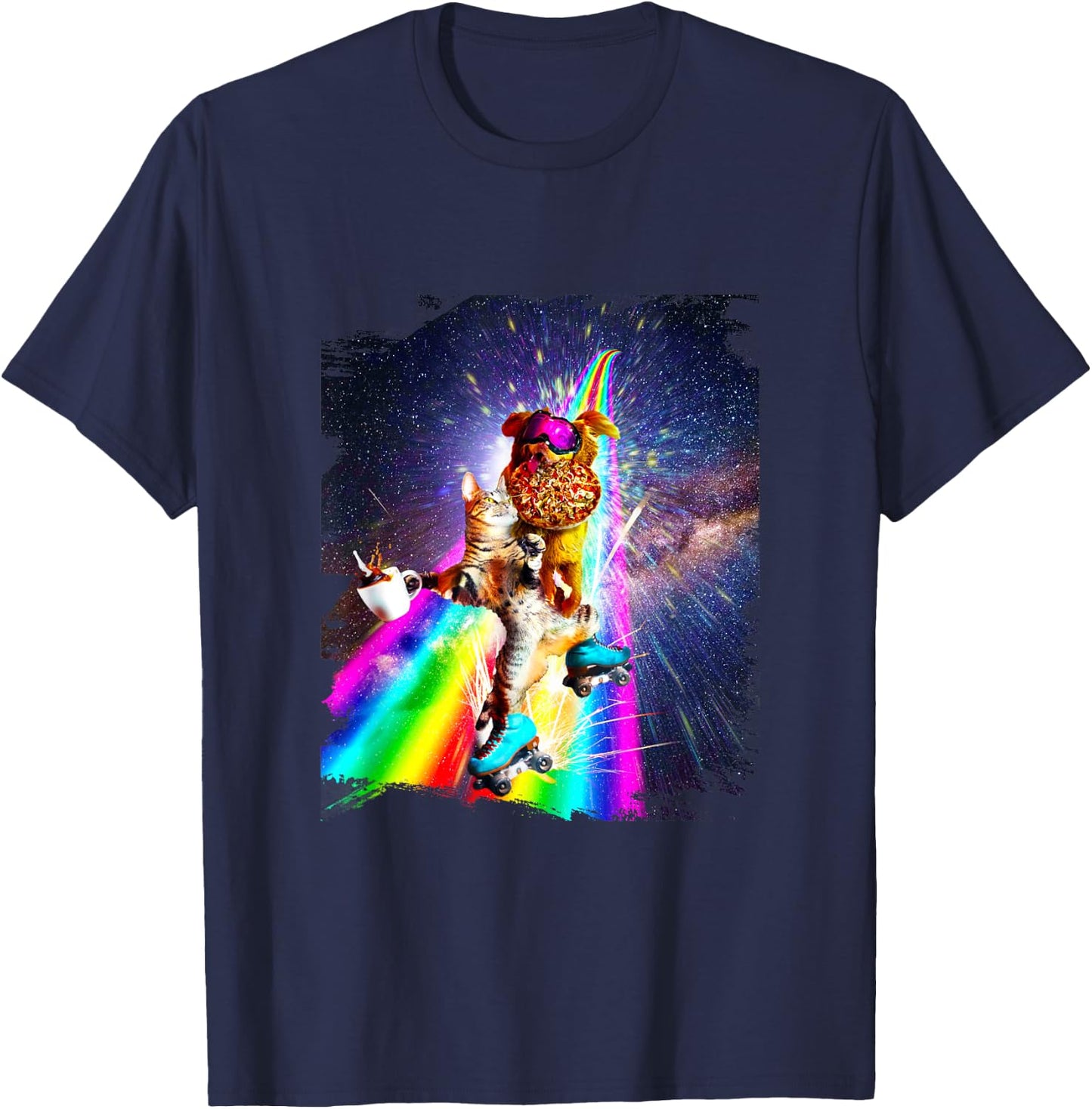 Dog Cat On Roller Skates With Pizza Coffee T-Shirt - T-Shirt | Navy