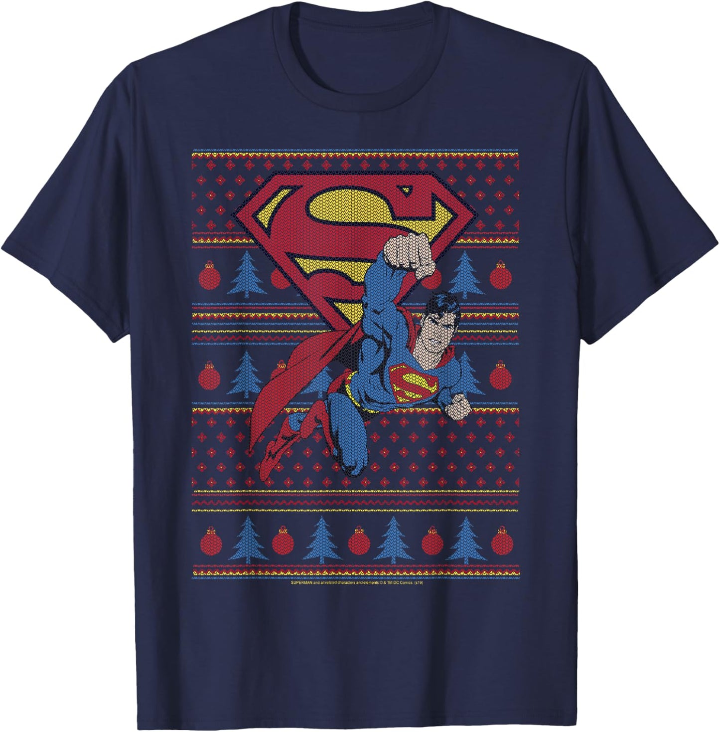 DC Comics Superman Action Pose Christmas Sweater Style T-Shirt - T-Shirt | Navy