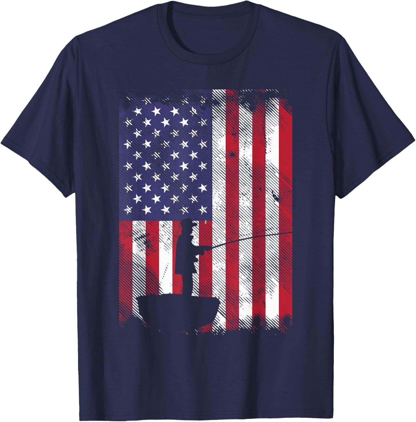 America Flag Fisherman Vintage Fishing Patriotic Angler Gift T-Shirt - T-Shirt | Navy
