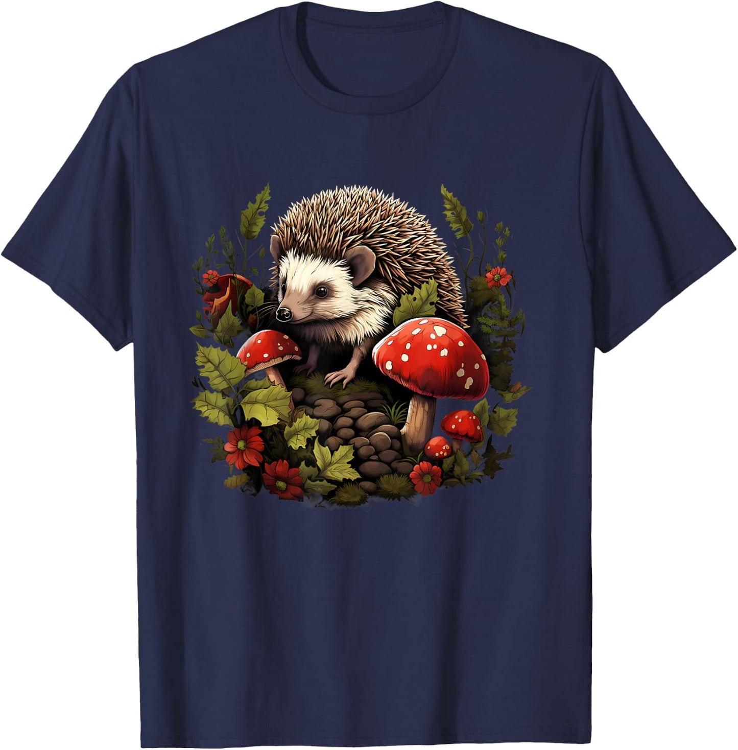Hedgehog Landscape Animal Art Forest Wildlife Floral Artwork T-Shirt - T-Shirt | Navy