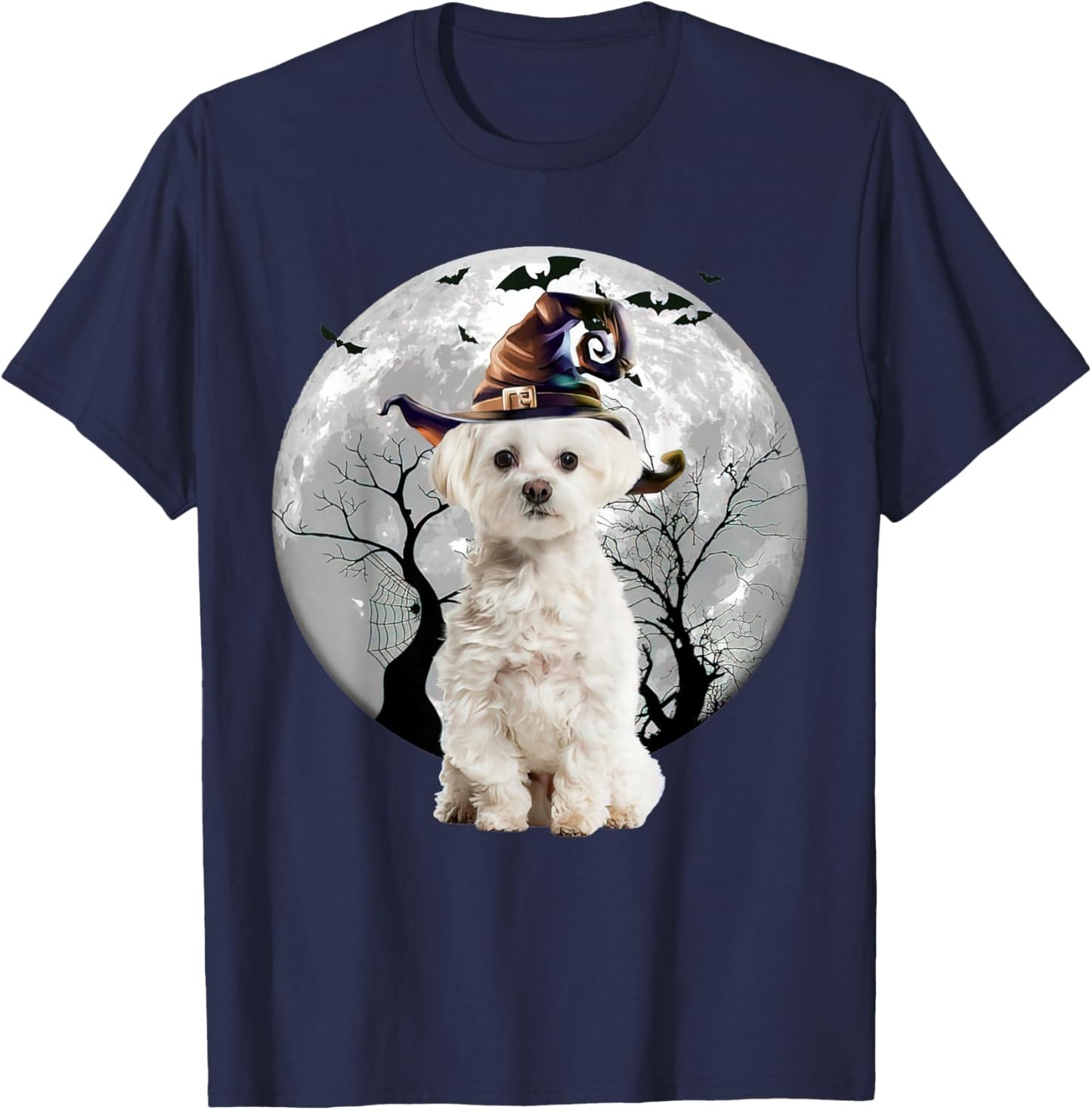 Maltese Dog And Moon Halloween Costume Dog Lover Funny T-Shirt - T-Shirt | Navy