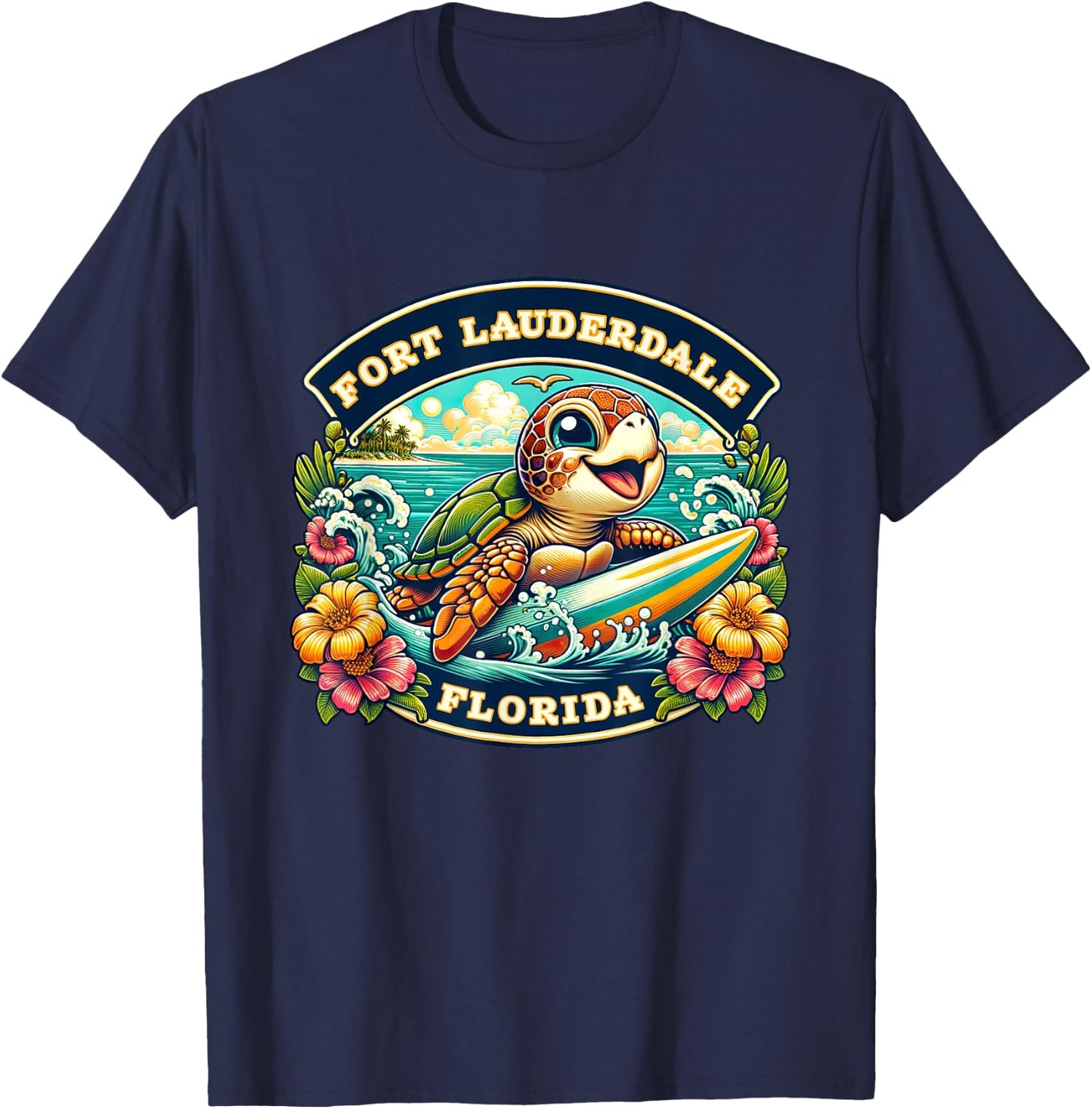 Fort Lauderdale Florida Cute Sea Turtle Surfing T-Shirt - T-Shirt | Navy