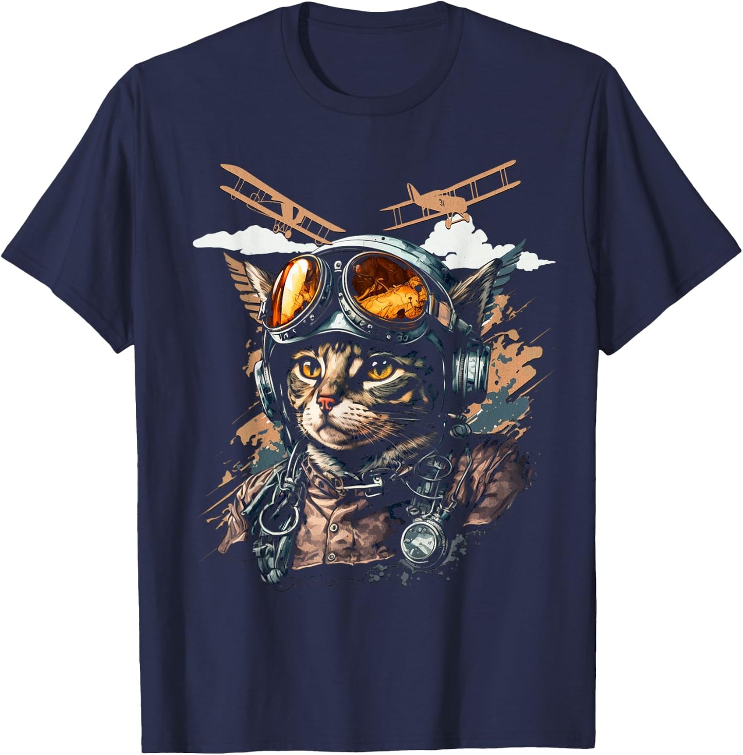 Funny Vintage Cat Airplane Pilot Women Kids T-Shirt - T-Shirt | Navy