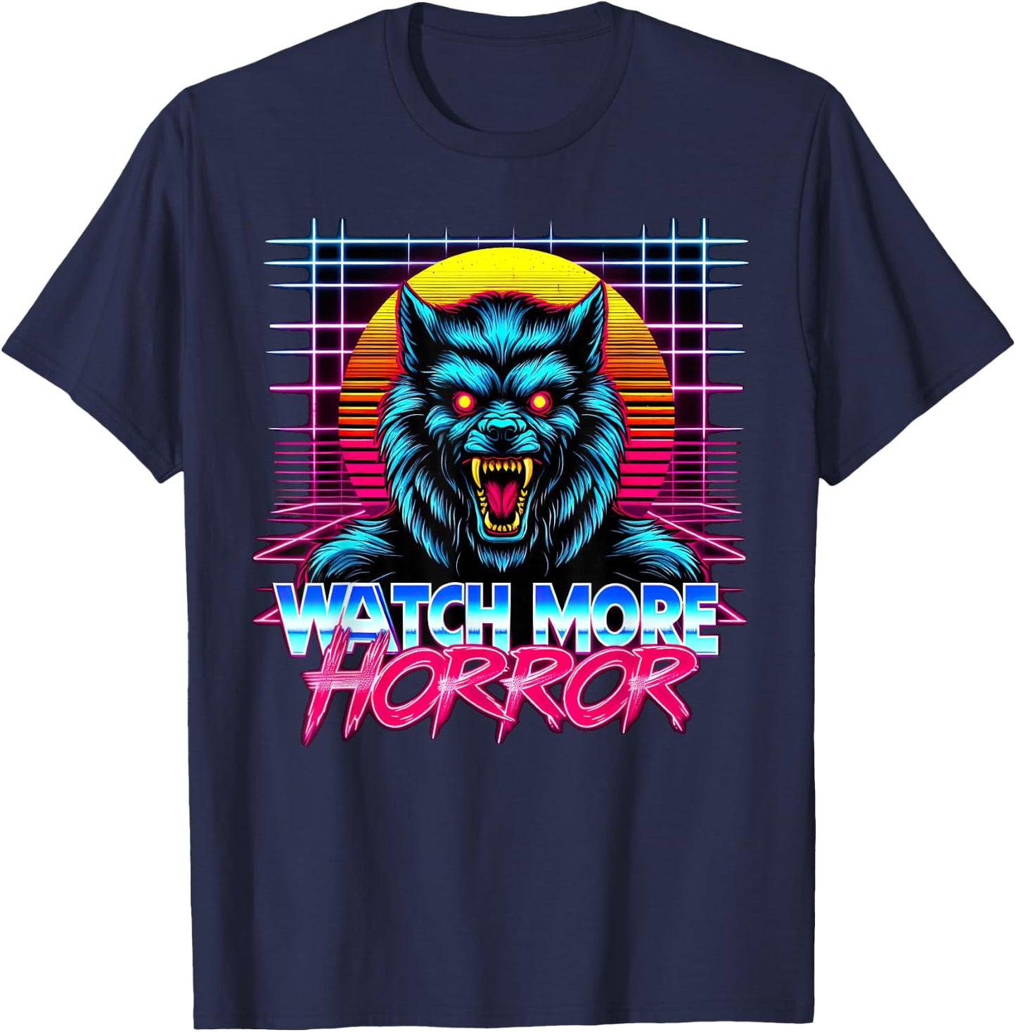 Watch More Horror Retro 80s Synthwave Style Werewolf Graphic T-Shirt - T-Shirt | Navy