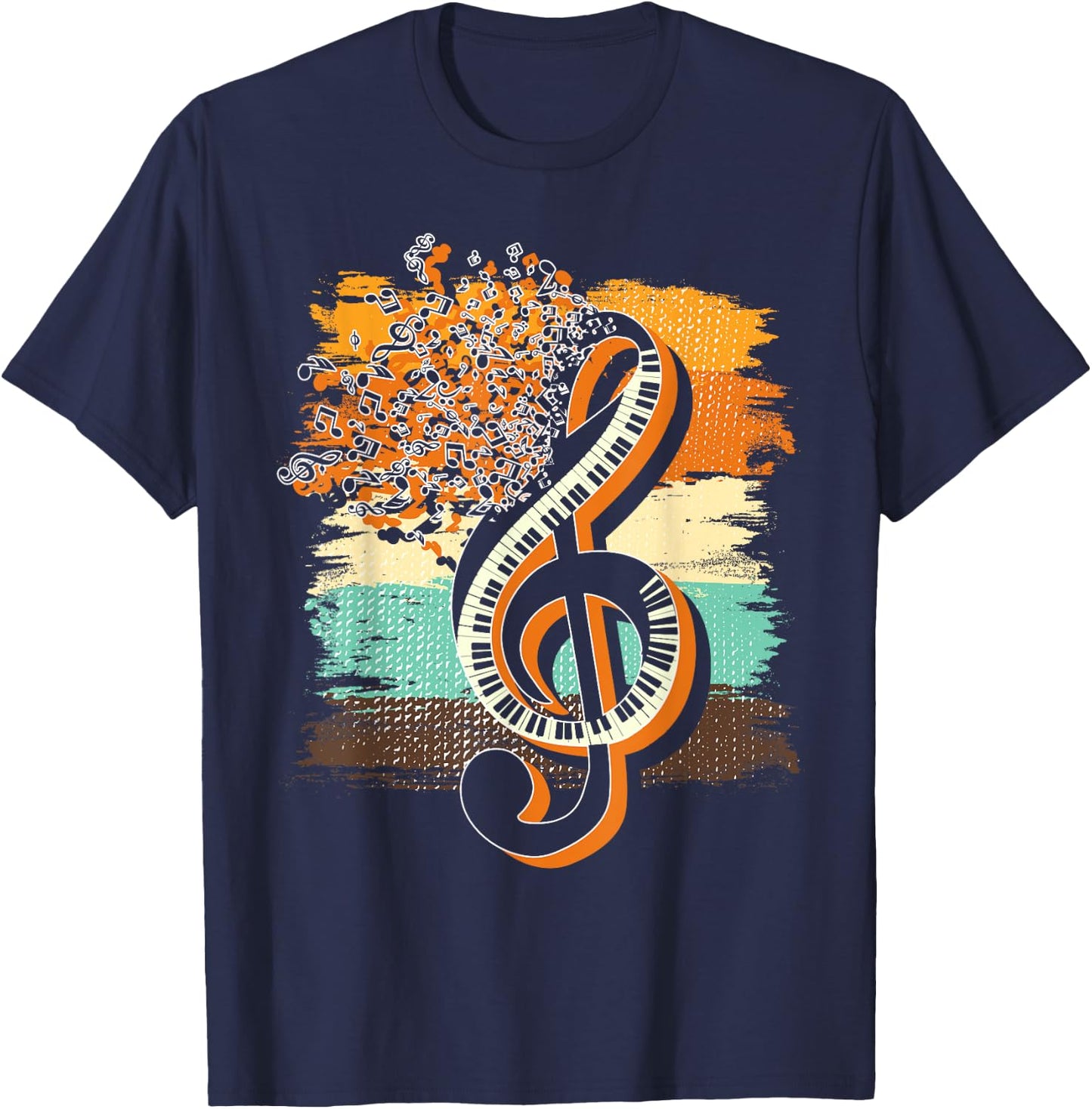 Retro Musician Music Notes Piano Keys Treble Clef Music T-Shirt - T-Shirt | Navy