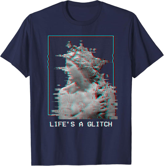 Life's A Glitch - Vaporwave 80s 90s Aesthetic Greek Statue T-Shirt - T-Shirt | Navy