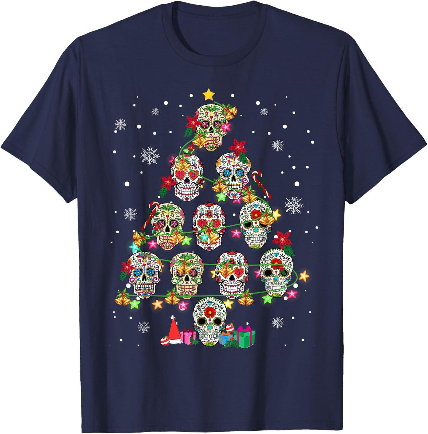 Skull Christmas Tree Funny Mexican Flower Sugar Skull T-Shirt - T-Shirt | Navy