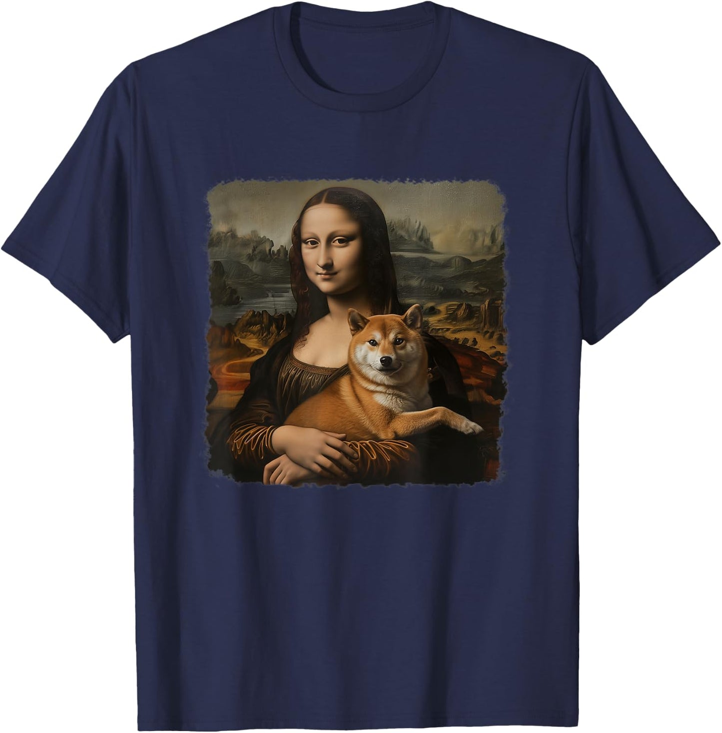 Mona Lisa With with Dog Funny Shiba Inu Art Painting T-Shirt - T-Shirt | Navy