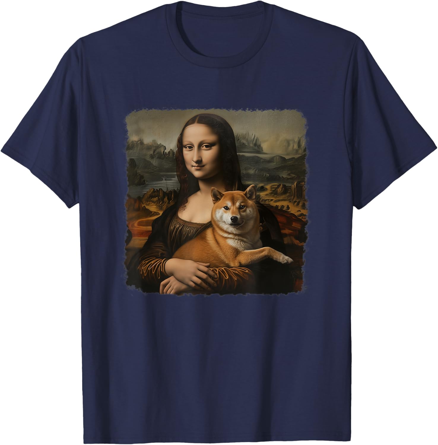 Mona Lisa With with Dog Funny Shiba Inu Art Painting T-Shirt - T-Shirt | Navy