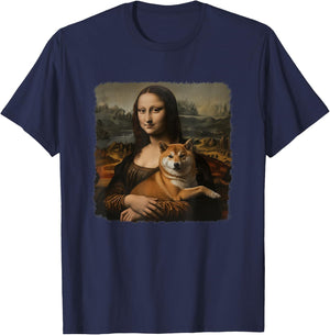 Mona Lisa With with Dog Funny Shiba Inu Art Painting T-Shirt - T-Shirt | Navy