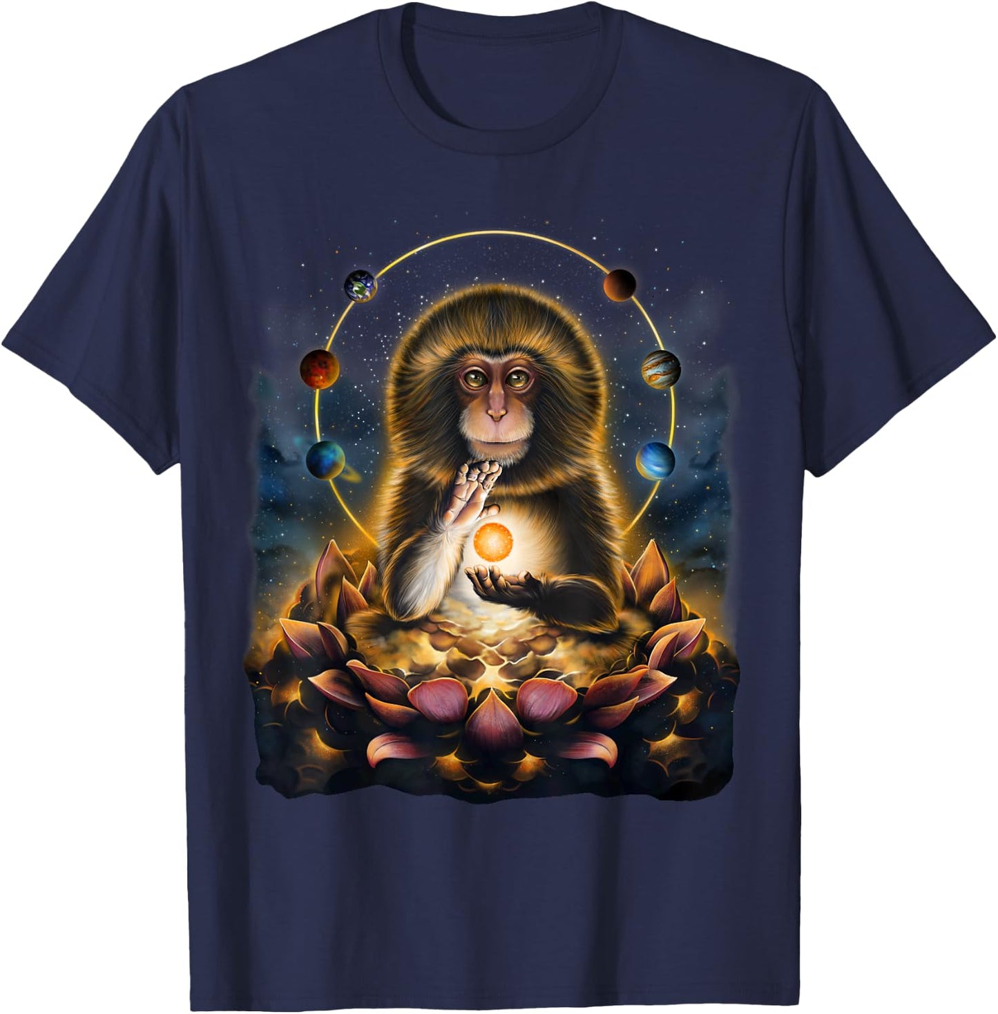 Celestial Monkey Holding Sun Surrounded by Planets and Lotus T-Shirt - T-Shirt | Navy
