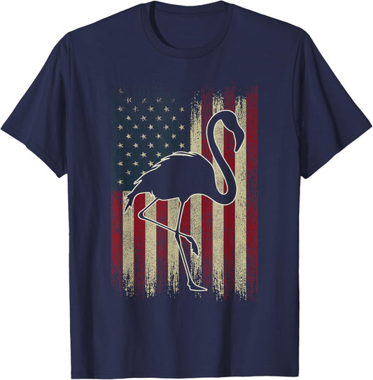 Flamingo 4th of July Vintage American Flag Flamingo T-Shirt - T-Shirt | Navy