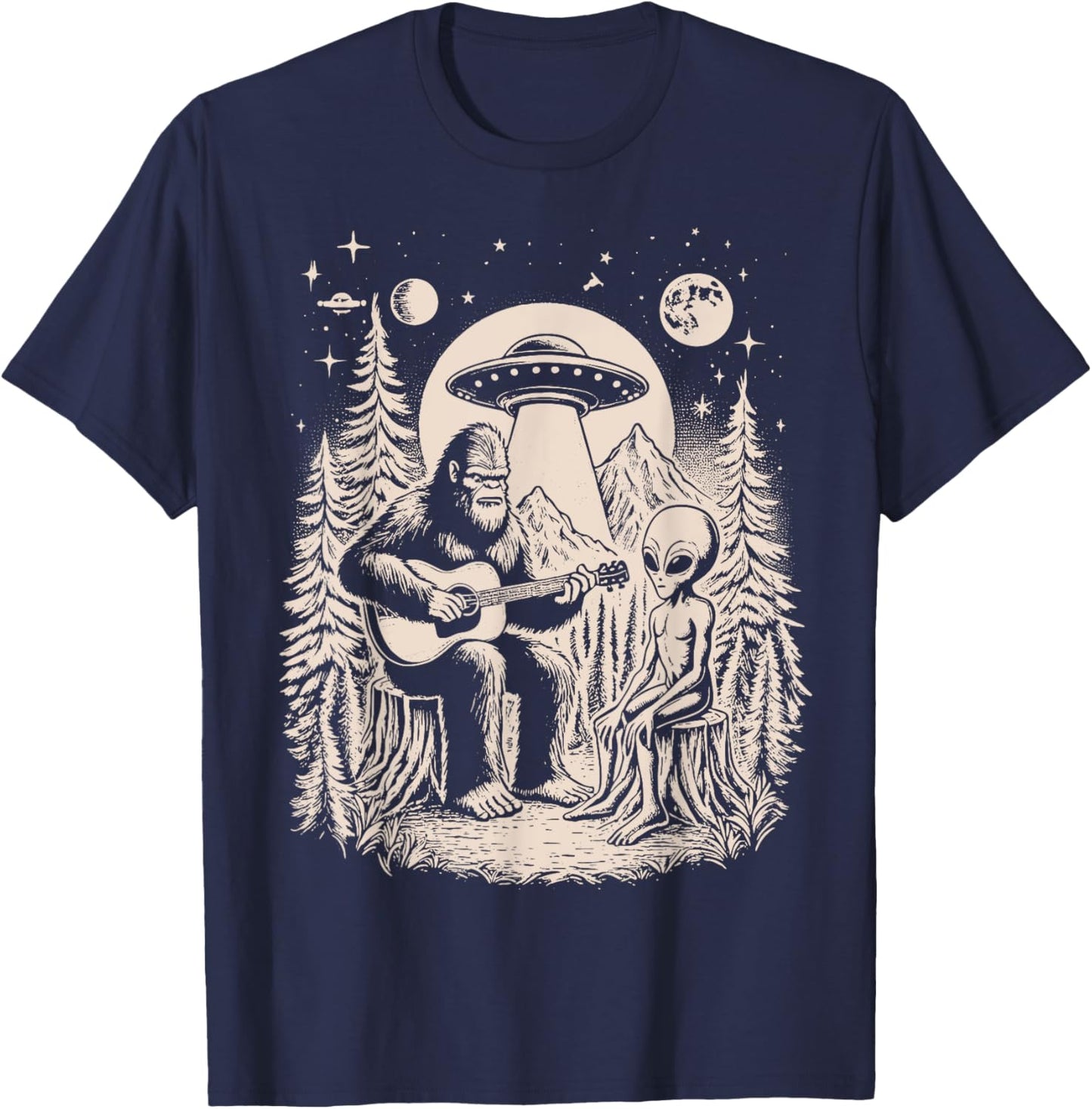 Funny Big Foot Alien Spaceship Big Foot Sasquatch Ape Guitar T-Shirt - T-Shirt | Navy