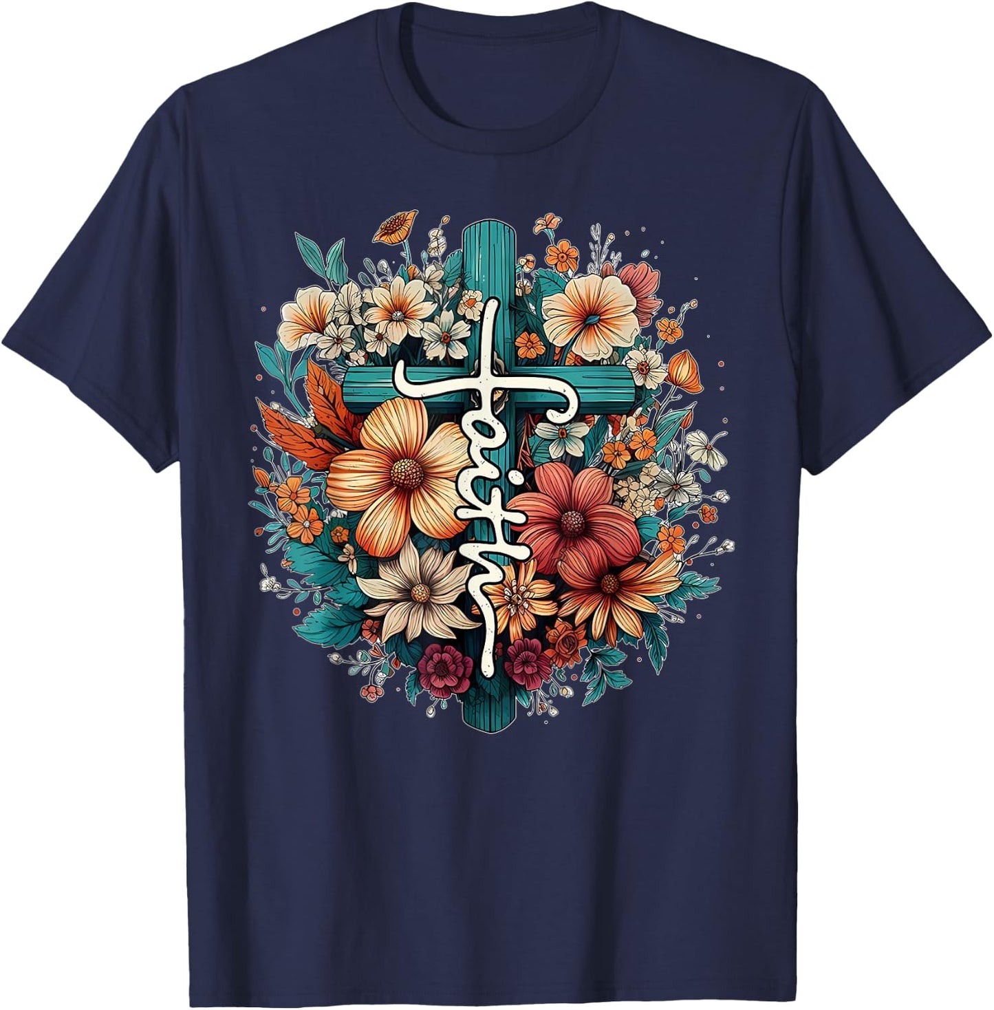 Retro Floral Christian Butterfly Faith Cross Vintage Faith T-Shirt - T-Shirt | Navy