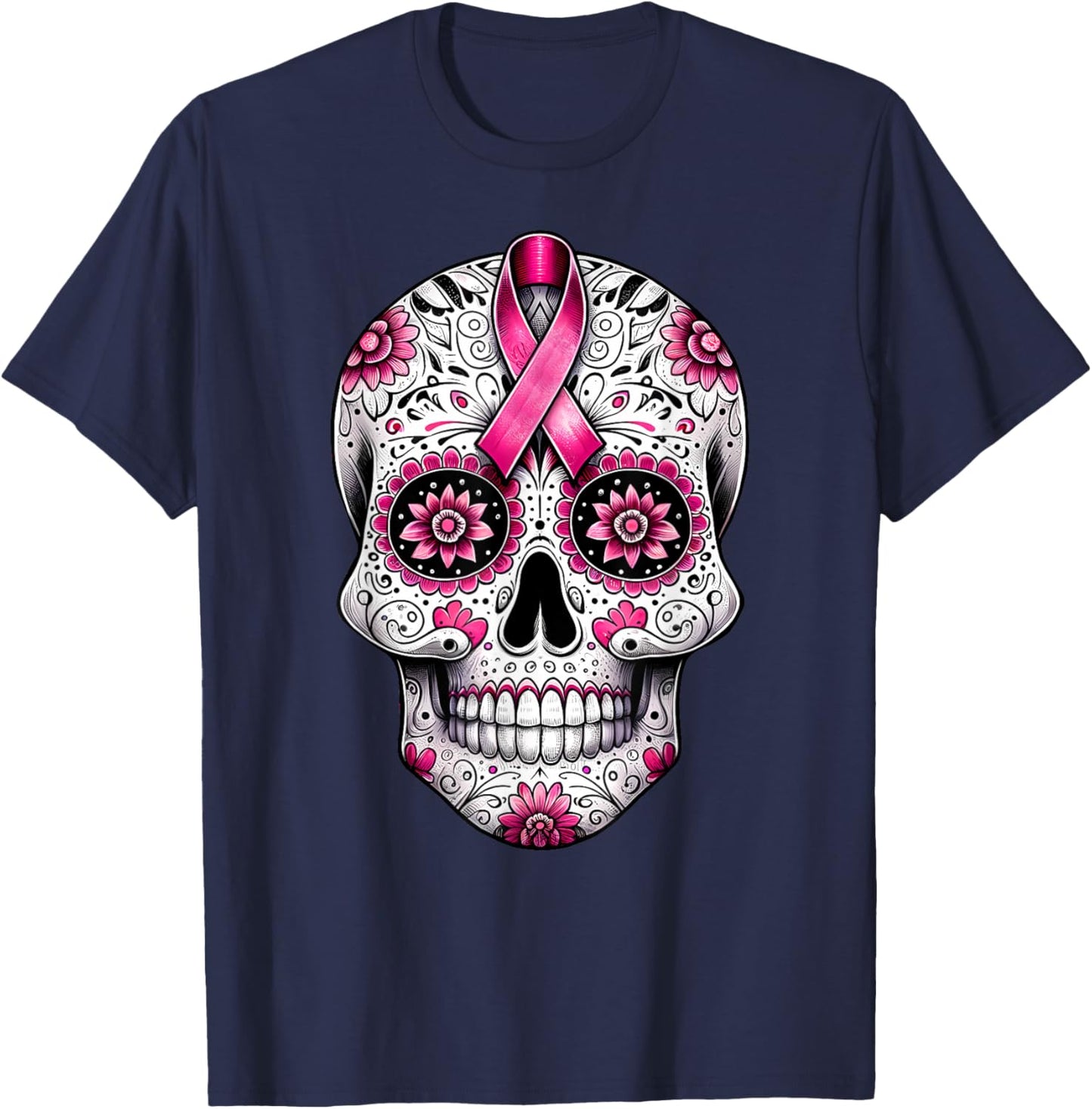 Pink Ribbon Sugar Skull Calavera Breast Cancer Awareness T-Shirt - T-Shirt | Navy