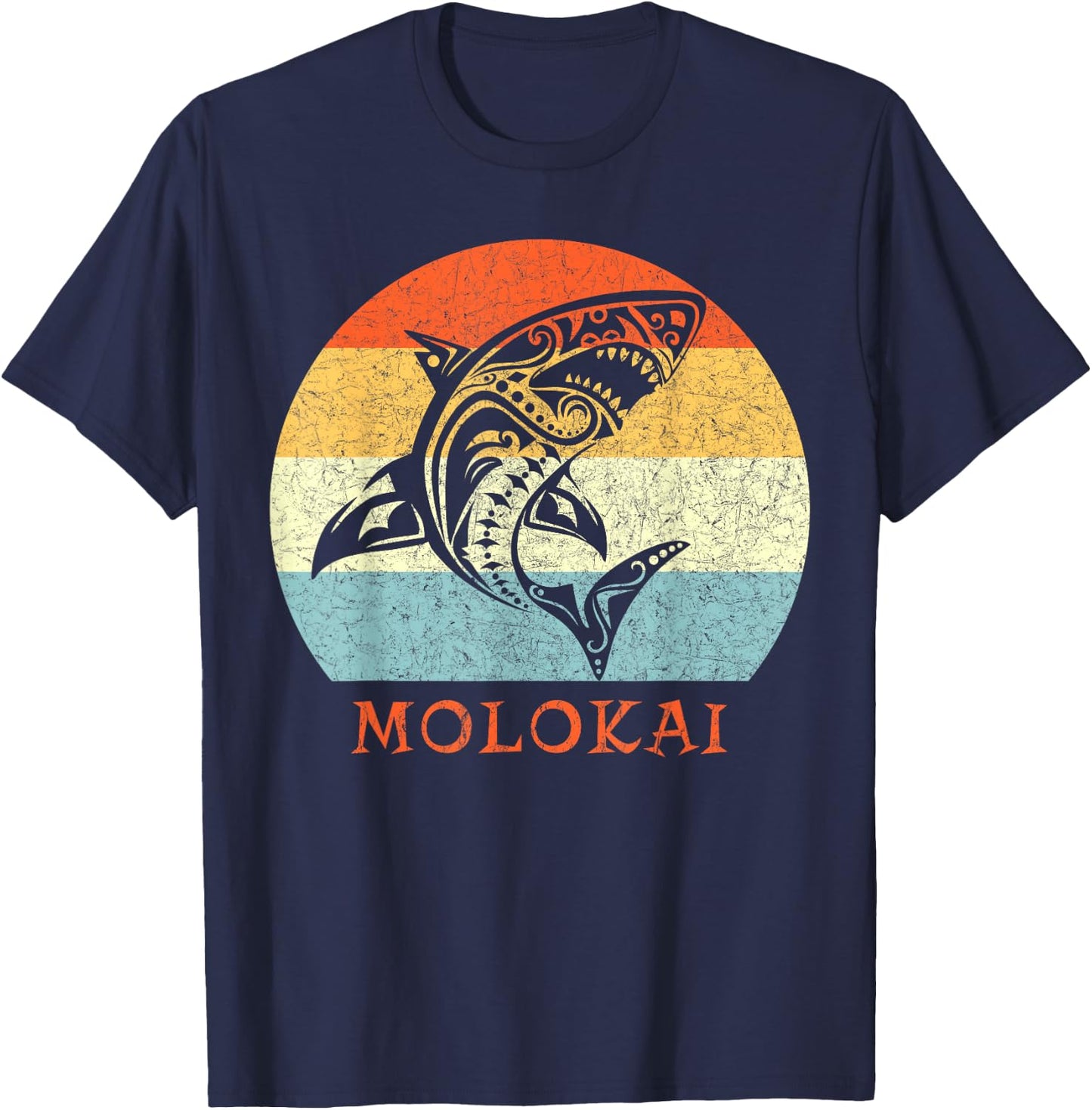 Molokai, Hawaii Vintage Shark Retro Throwback Vacation T-Shirt - T-Shirt | Navy
