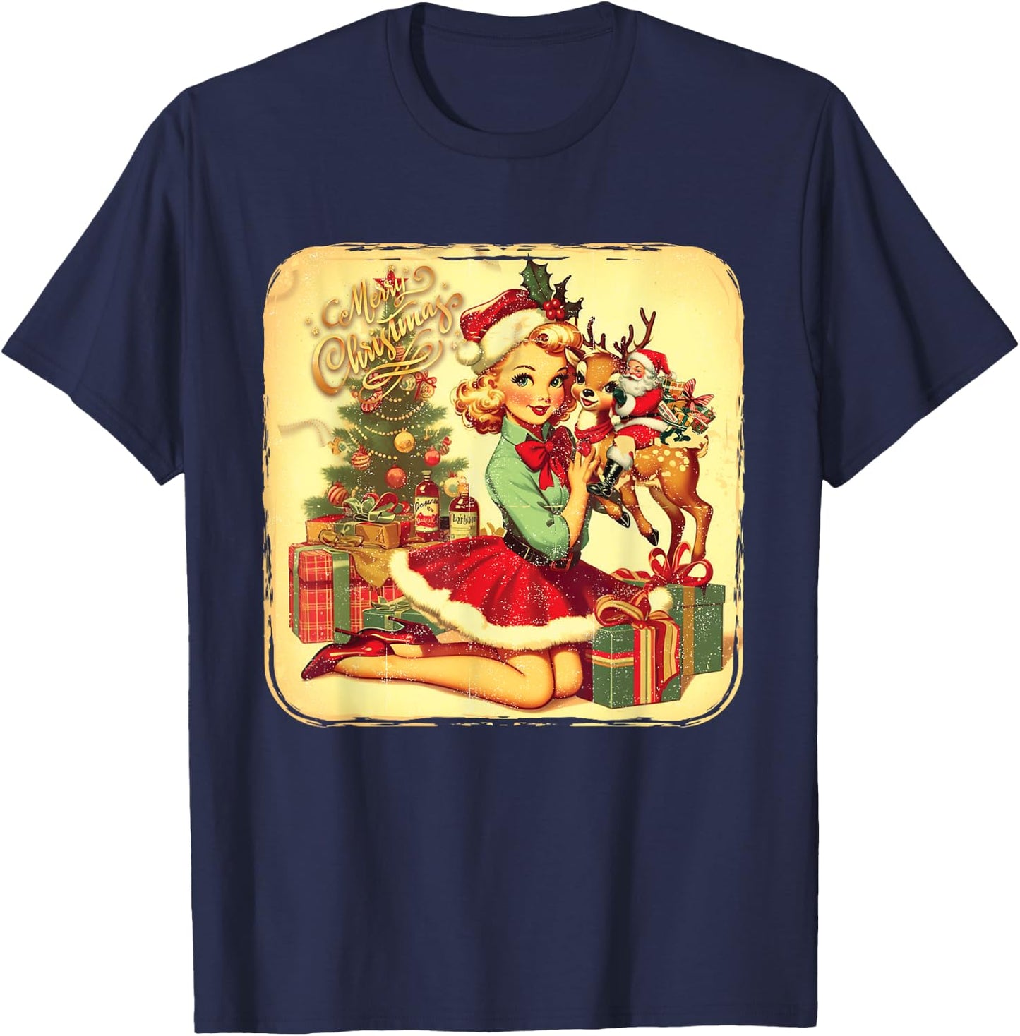 Vintage Pin Up Little Girl Reindeer Retro 1950S Christmas T-Shirt - T-Shirt | Navy