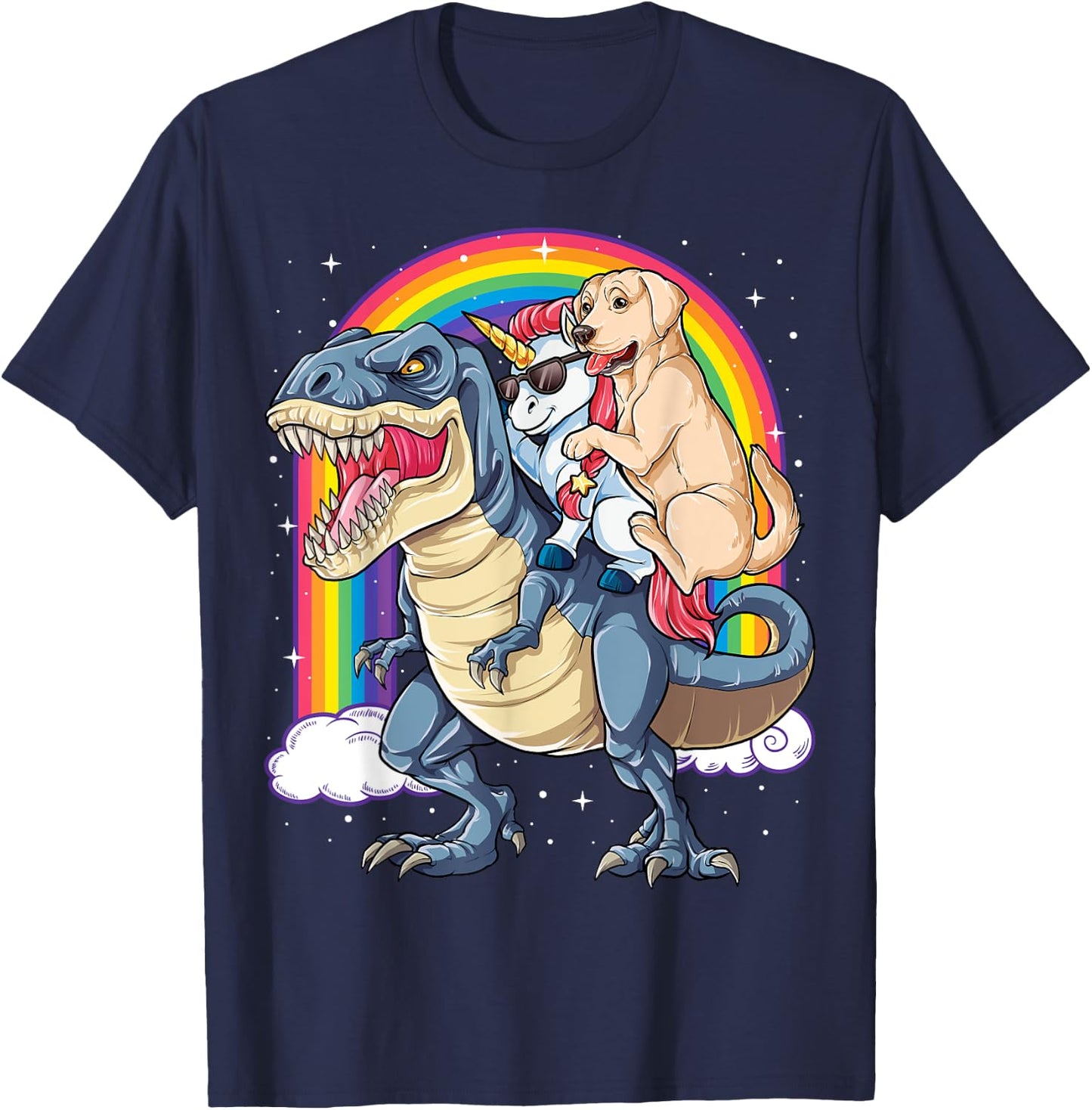 Labrador Unicorn Riding Dinosaur T-rex Girls Kids Rainbow T-Shirt - T-Shirt | Navy