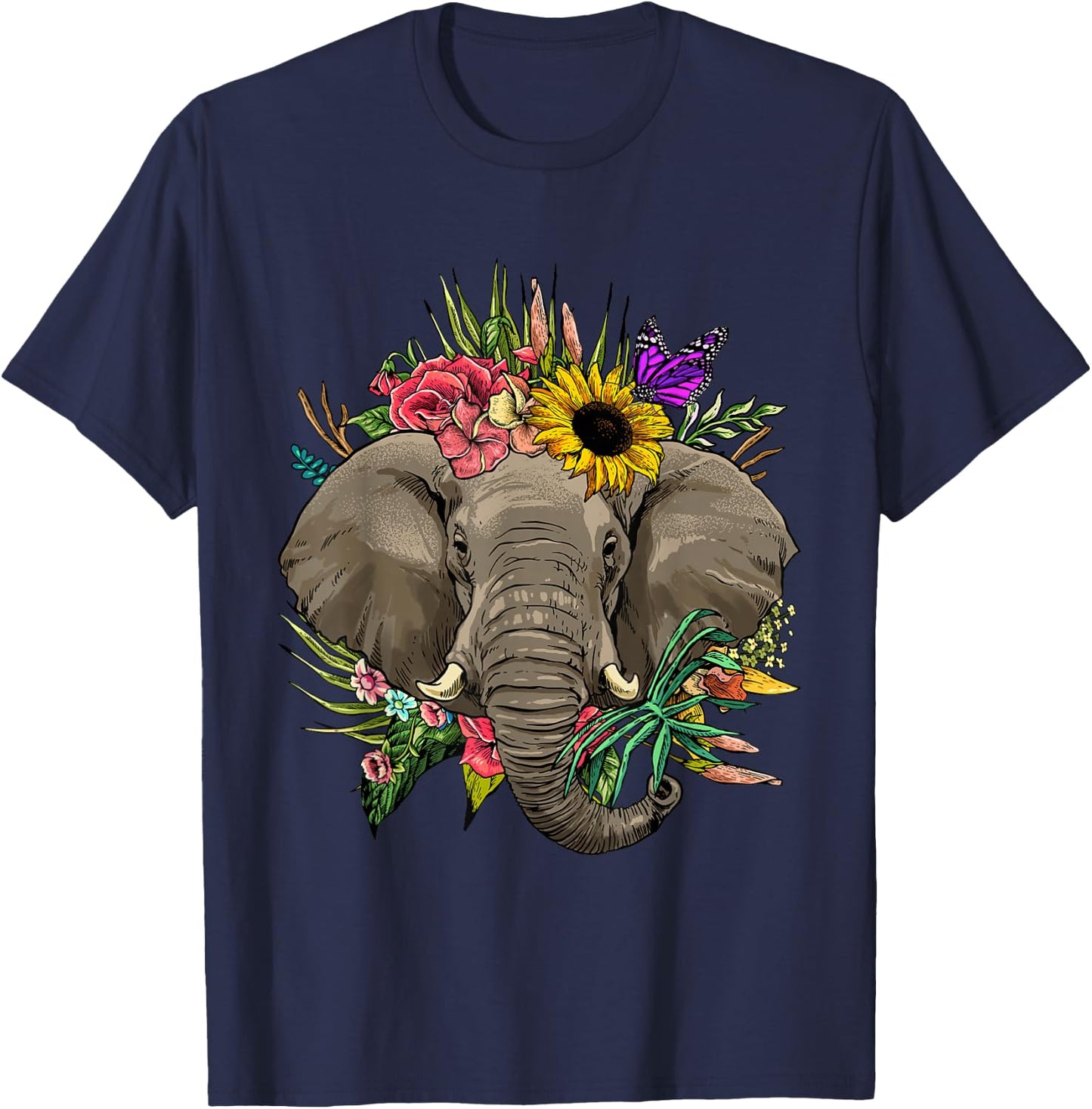 Wowsome! Elephant Floral Animal Face Elephant Lovers -Adults T-Shirt - T-Shirt | Navy