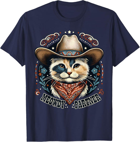 Meowdy Partner Cat Cowboy Hat Howdy Funny Country Western T-Shirt - T-Shirt | Navy
