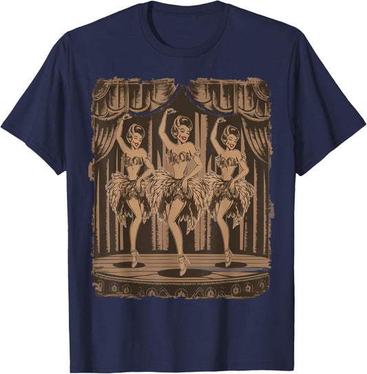Vintage Showgirls Dancing on Stage in Classic Burlesque Art T-Shirt - T-Shirt | Navy