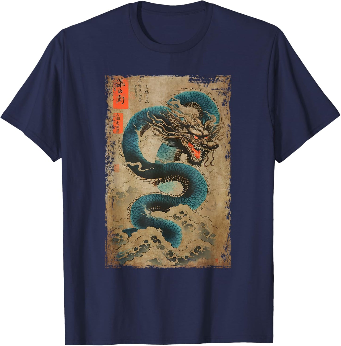 Japanese Dragon and The Great Wave off Kanagawa Woodblock T-Shirt - T-Shirt | Navy