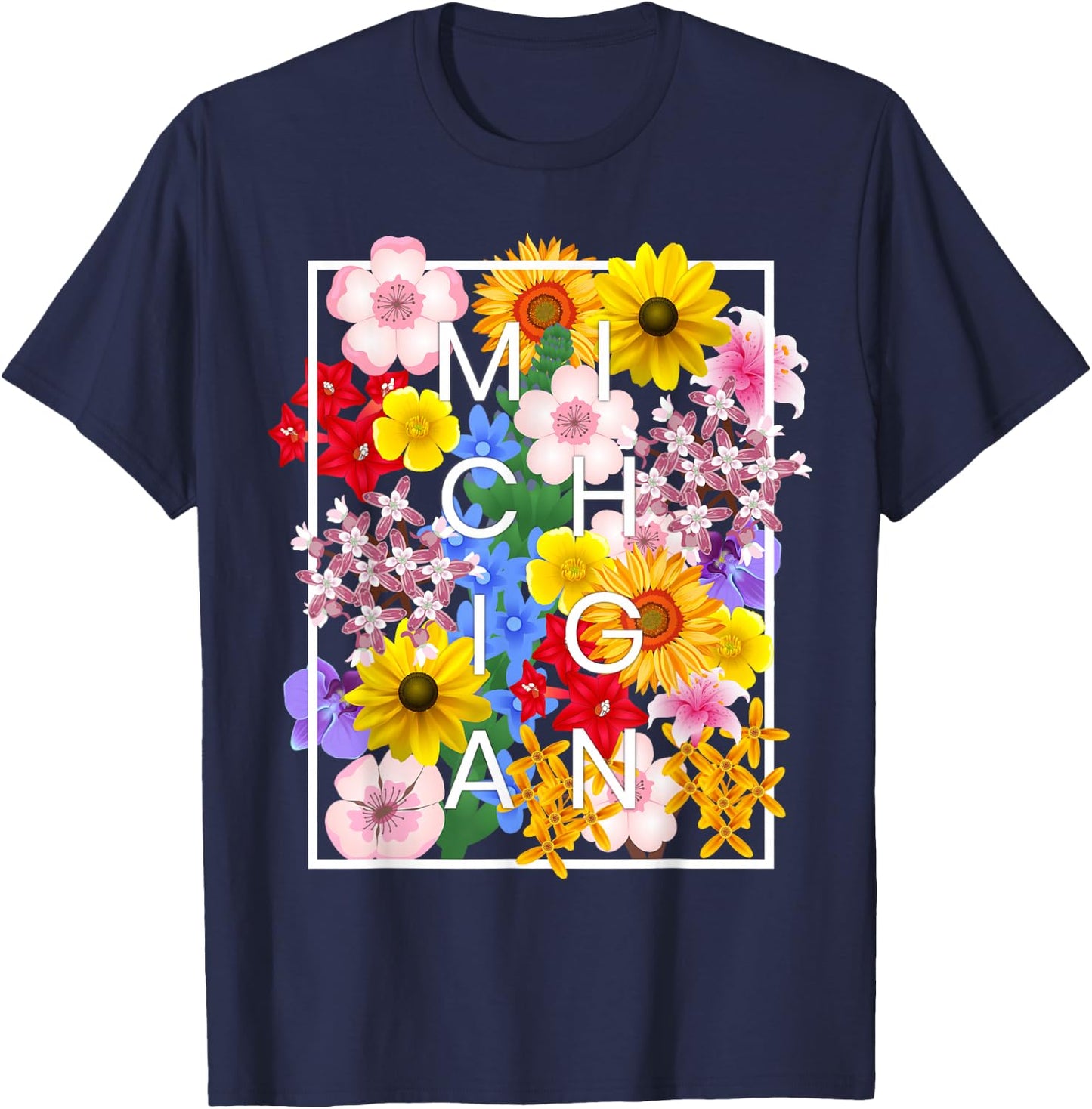 Flowers of Michigan Word Art - Michigander Pride T-Shirt - T-Shirt | Navy