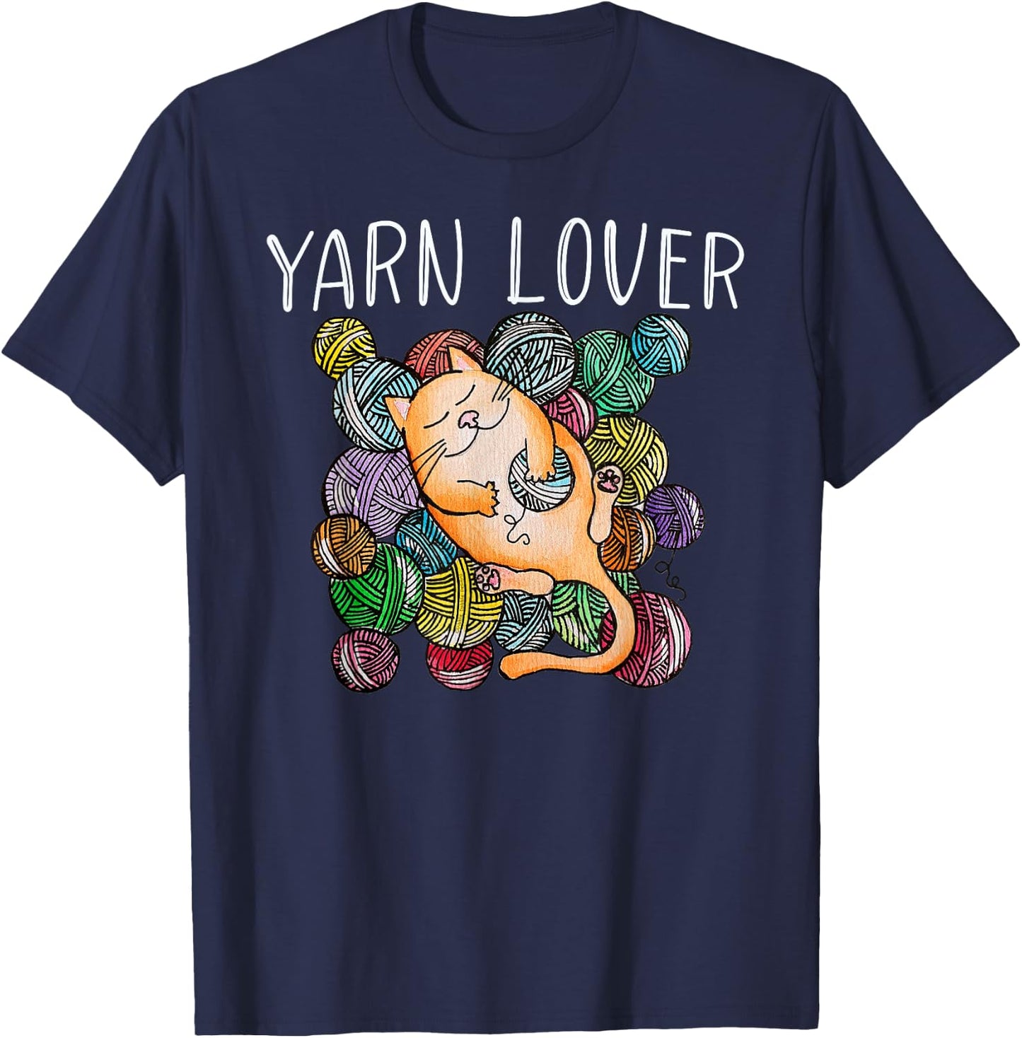 Adorable Knitting and Crochet Happy Cat Yarn Lovers T-Shirt - T-Shirt | Navy