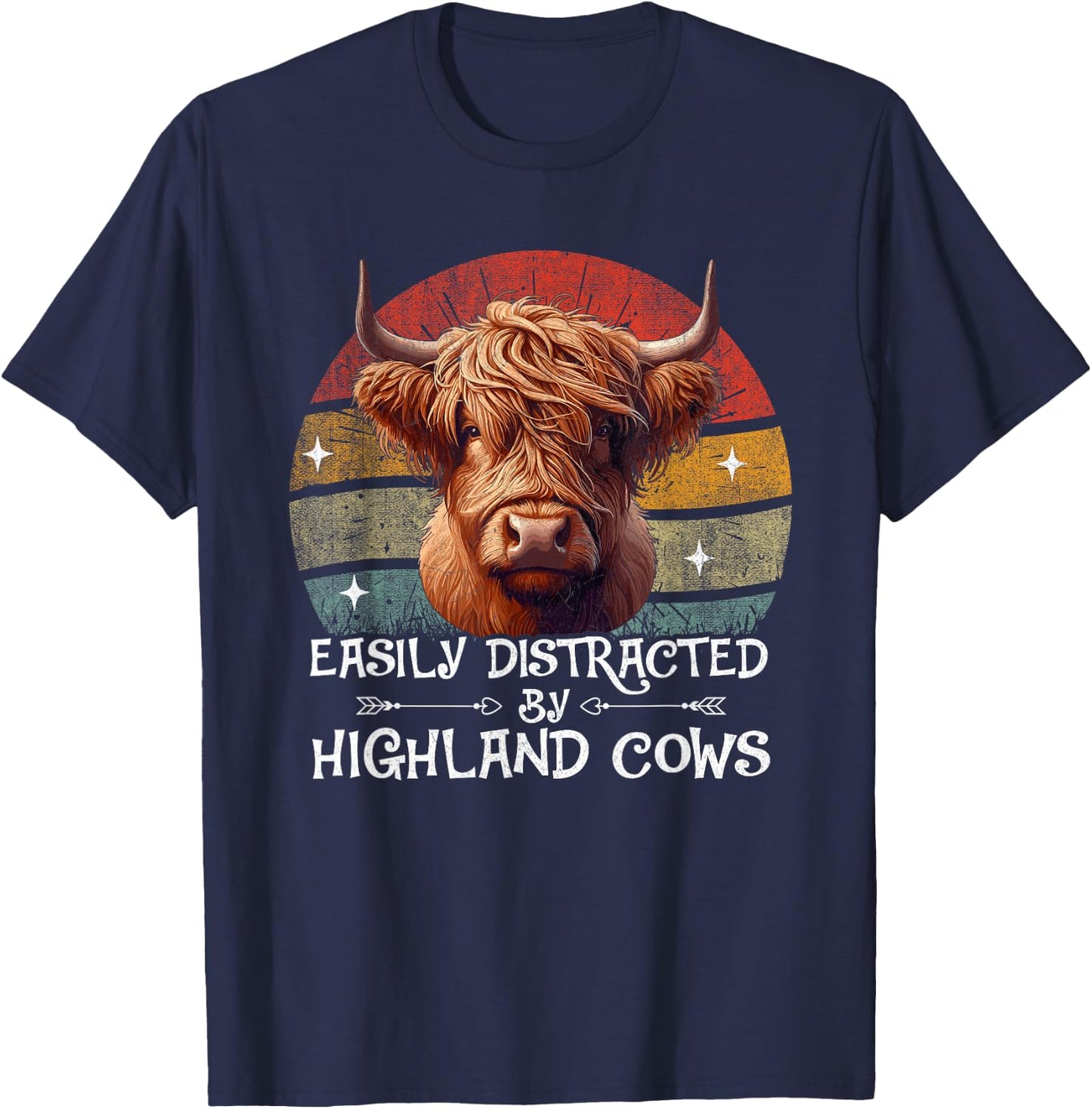 Retro Vintage Farmer | Easily Distracted By Highland Cows T-Shirt - T-Shirt | Navy
