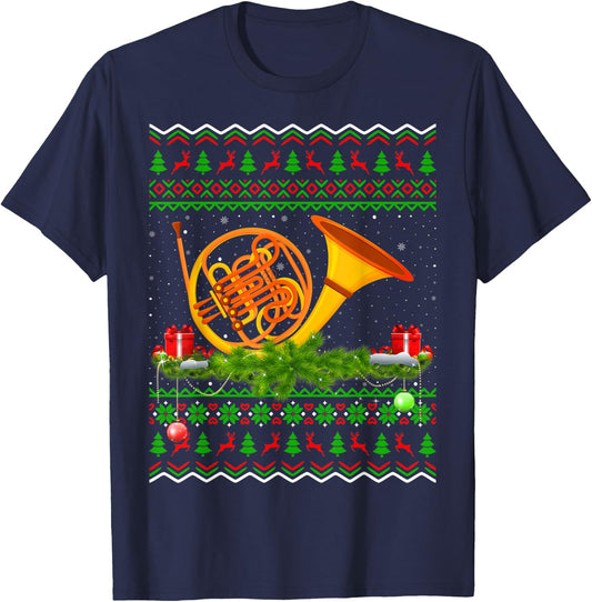 French Horn Music Lover Xmas Gift Ugly French Horn Christmas T-Shirt - T-Shirt | Navy