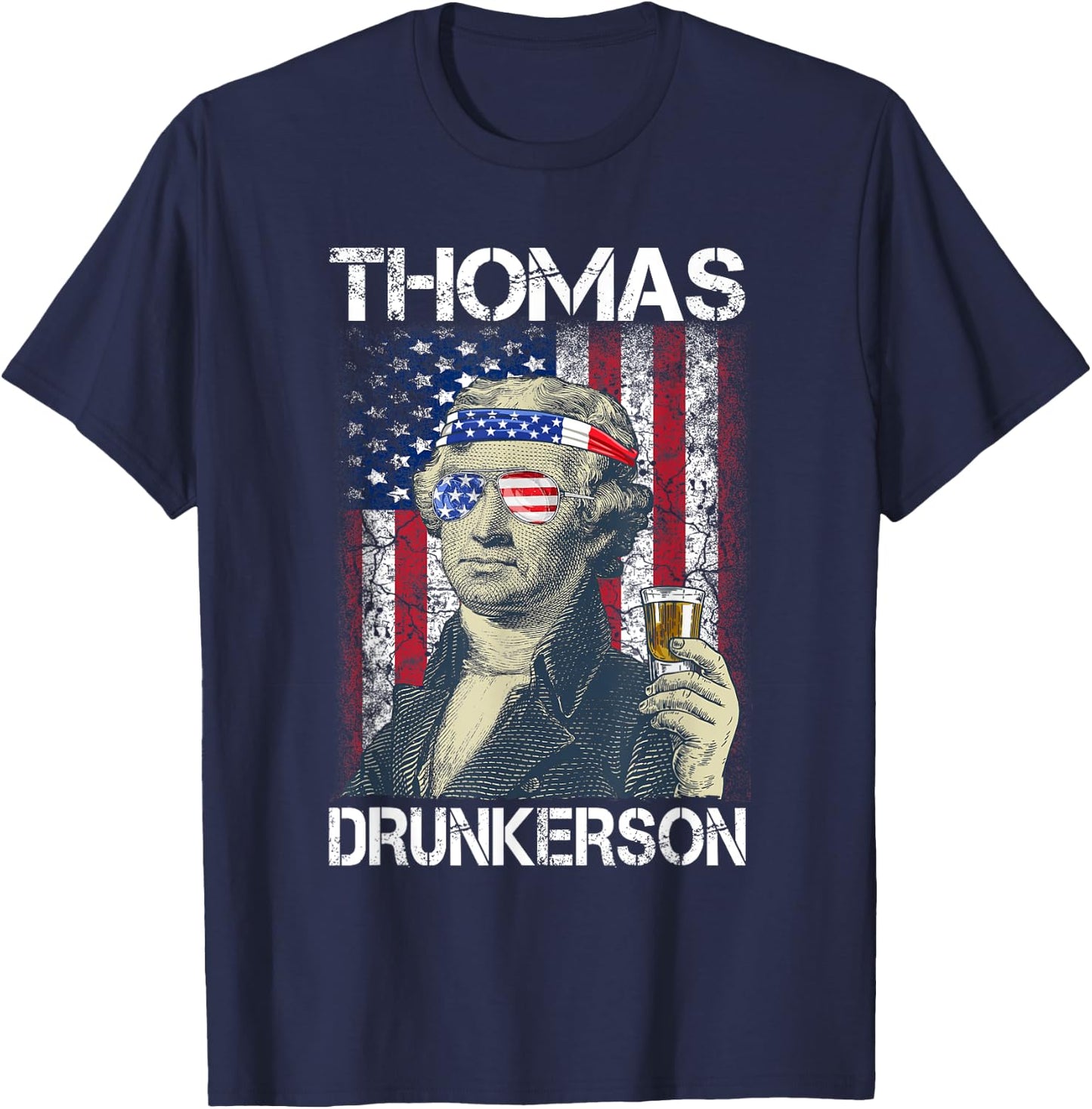 Thomas Drunkerson 4th July Thomas Jefferson Drinking Retro T-Shirt - T-Shirt | Navy