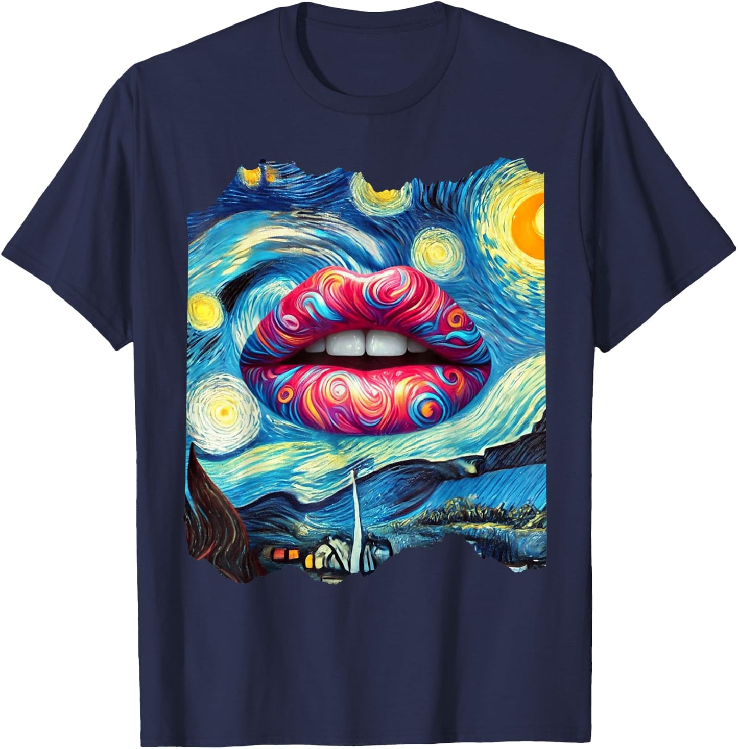 Lips Fashion Van Gogh Art Painting Star Sky Night Lips T-Shirt - T-Shirt | Navy