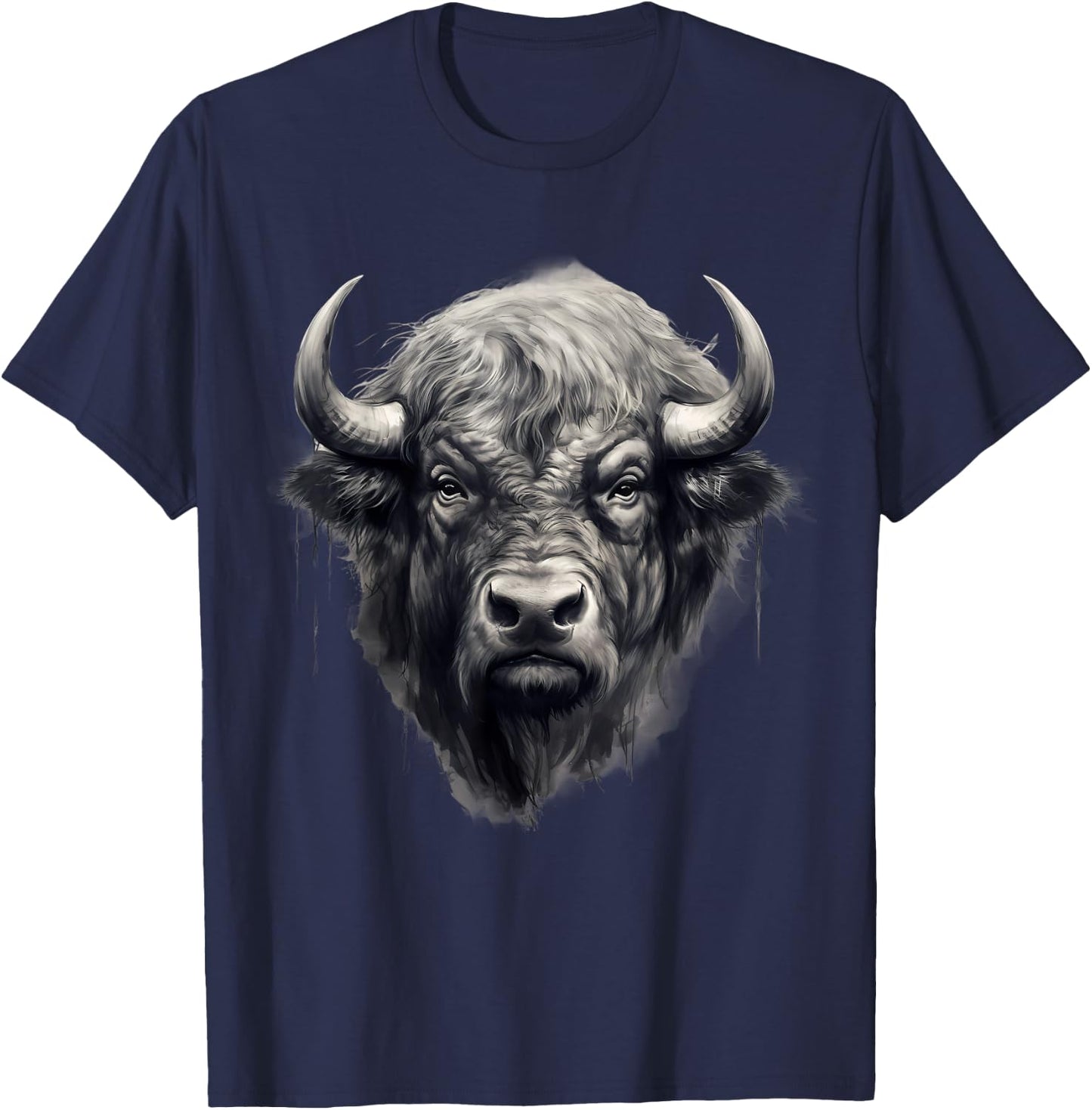 Buffalo Drawing Bison Portrait Nature Artwork Animal Print T-Shirt - T-Shirt | Navy