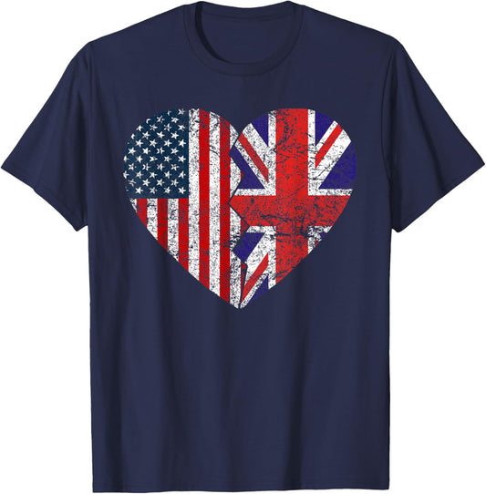 British American Flags Heart | United States UK Roots T-Shirt - T-Shirt | Navy