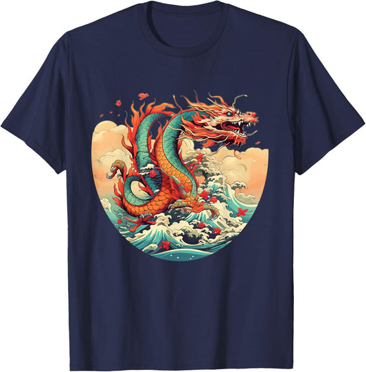 Cool Water Dragons with Sea and Waves T-Shirt - T-Shirt | Navy